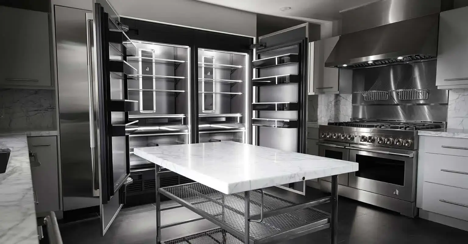 A high-end kitchen with JennAir stainless steel appliances.