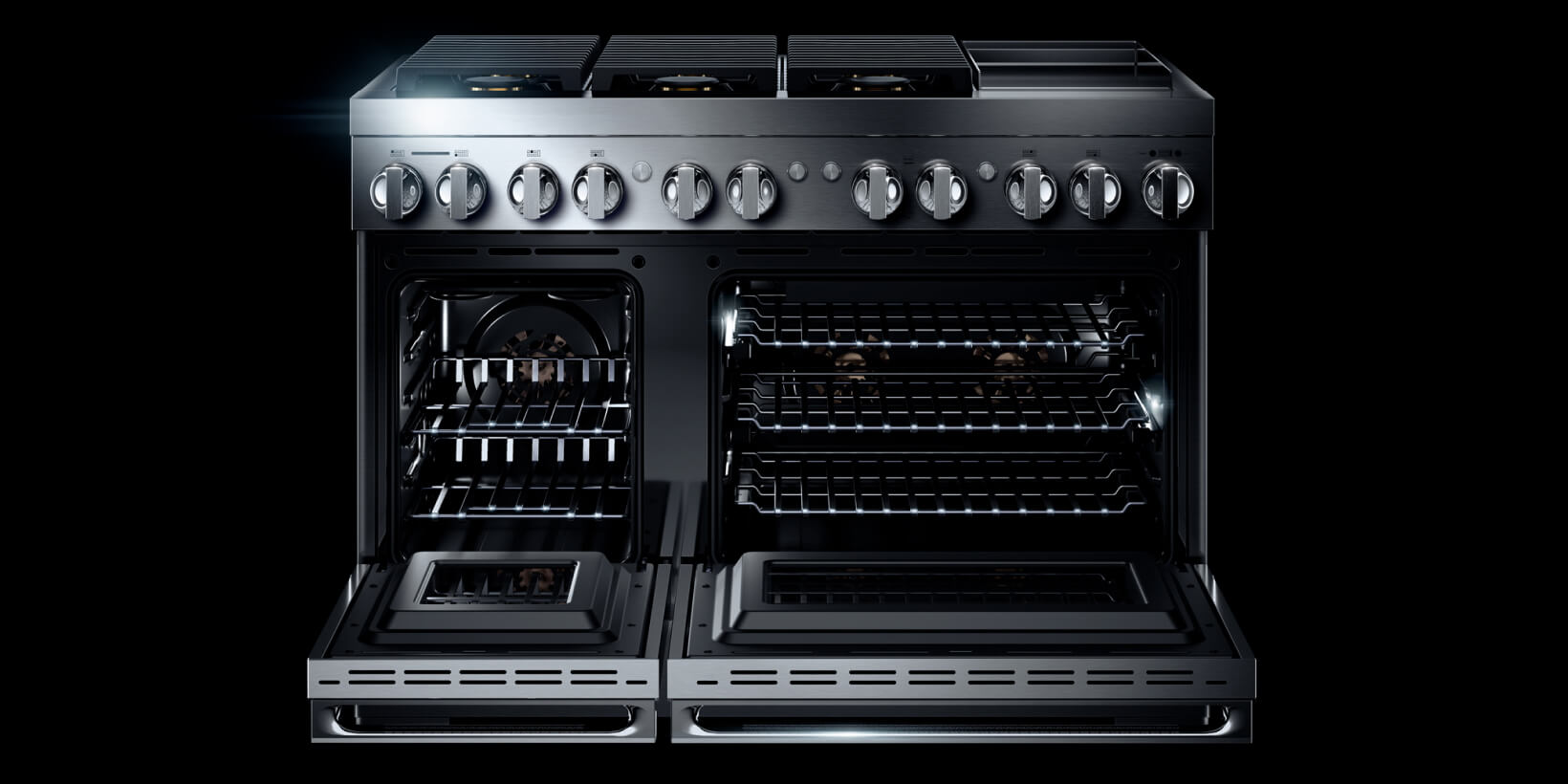 An open JennAir Double Oven. The racks in each oven are visible.