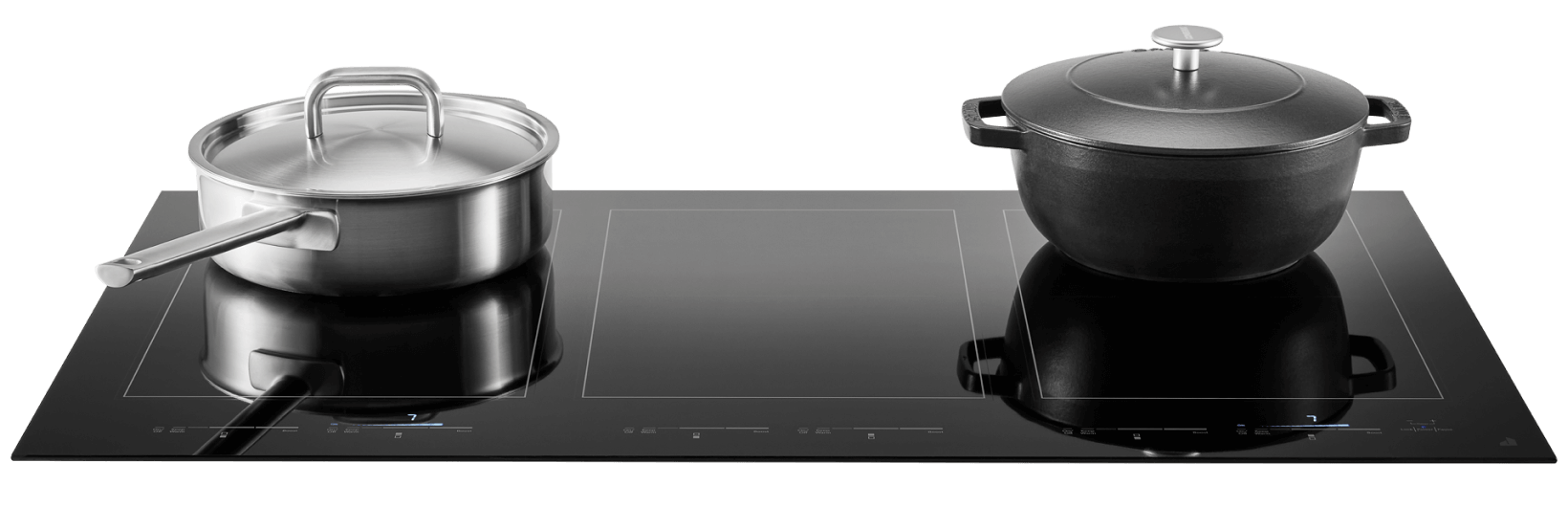 An induction cooktop. On one burner is a large pan. On the other other is a Dutch oven An induction cooktop. On one burner is a large pan. On the other other is a Dutch oven