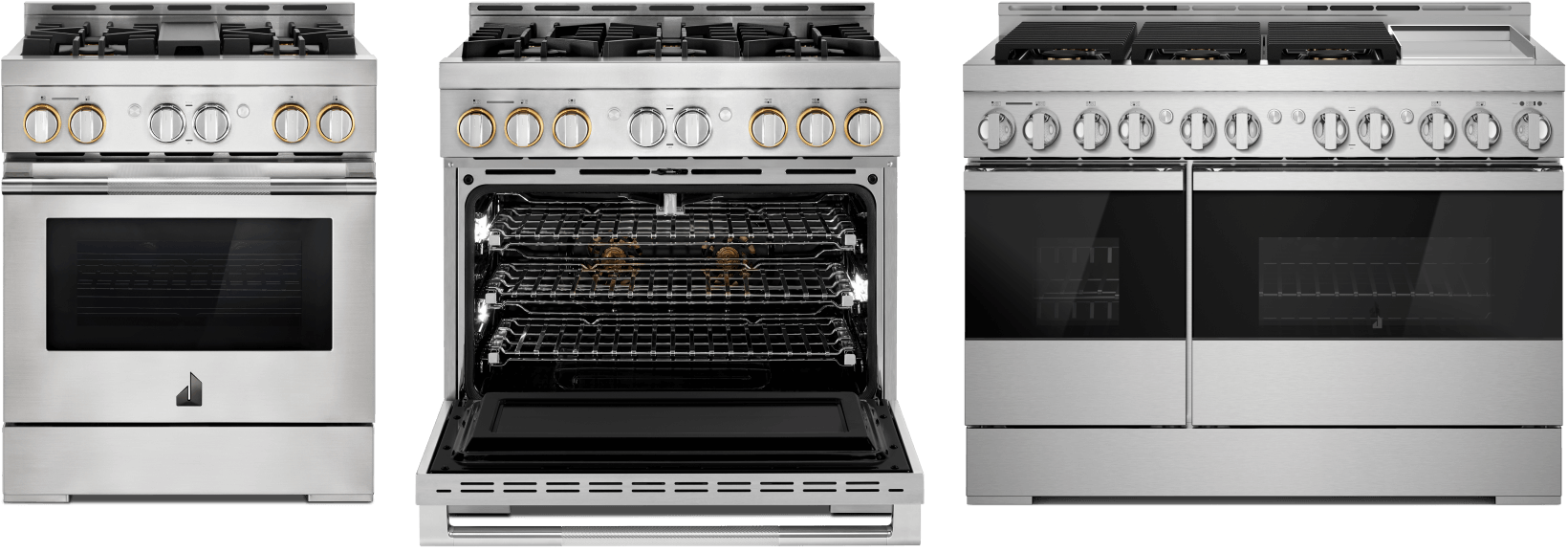 Three ranges, including one with a double oven configuration. The middle range has the door opened, revealing three racks
