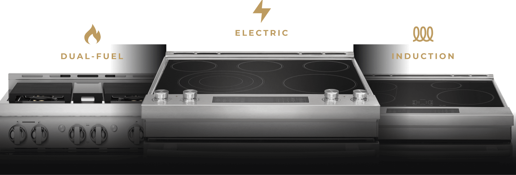 Three JennAir ranges. From left to right: a JennAir dual-fuel range, a JennAir electric range and a JennAir induction range.