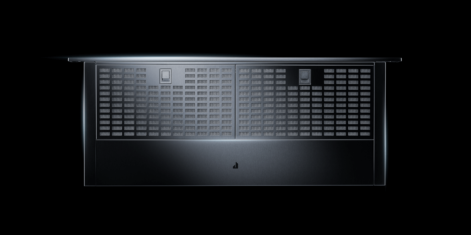 Extended downdraft vent system rising behind a cooktop, illustrating its functionality and design. Extended downdraft vent system rising behind a cooktop, illustrating its functionality and design.