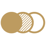 An icon of three circles. One circle is a solid colour, another is lined and the other is black, indicating "sleek design and personalization