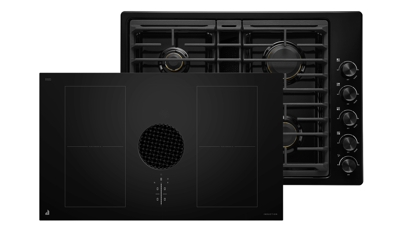 Une table de cuisson à induction JennAir® noir Oblivion et une table de cuisson au gaz JennAir® noir Oblivion.