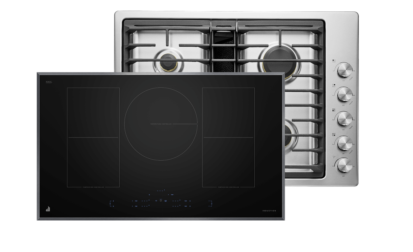 Une table de cuisson à induction JennAir® lustrée et une table de cuisson au gaz JennAir® lustrée.