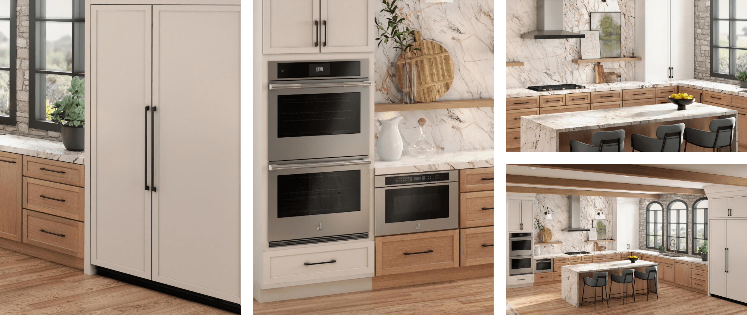Un collage d'images présentant un réfrigérateur encastré côte à côte JennAir® recouvert de panneaux personnalisés blancs assortis aux armoires; un four mural combiné avec four à micro-ondes de 30 po dans une cuisine blanche; une table de cuisson et une hotte installées dans une cuisine blanche; ainsi qu'un lave-vaisselle à panneau personnalisé en bois assorti à la finition des armoires.