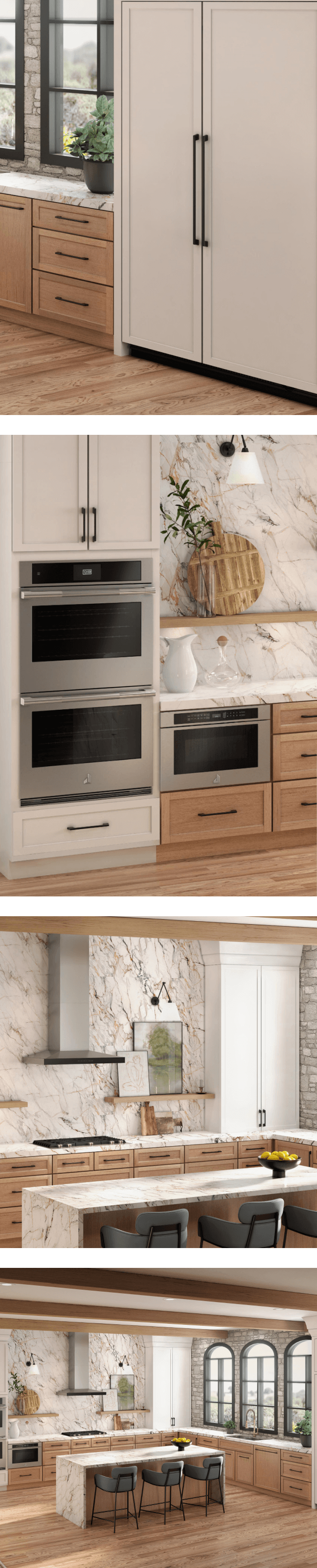Un collage d'images présentant un réfrigérateur encastré côte à côte JennAir® recouvert de panneaux personnalisés blancs assortis aux armoires; un four mural combiné avec four à micro-ondes de 30 po dans une cuisine blanche; une table de cuisson et une hotte installées dans une cuisine blanche; ainsi qu'un lave-vaisselle à panneau personnalisé en bois assorti à la finition des armoires