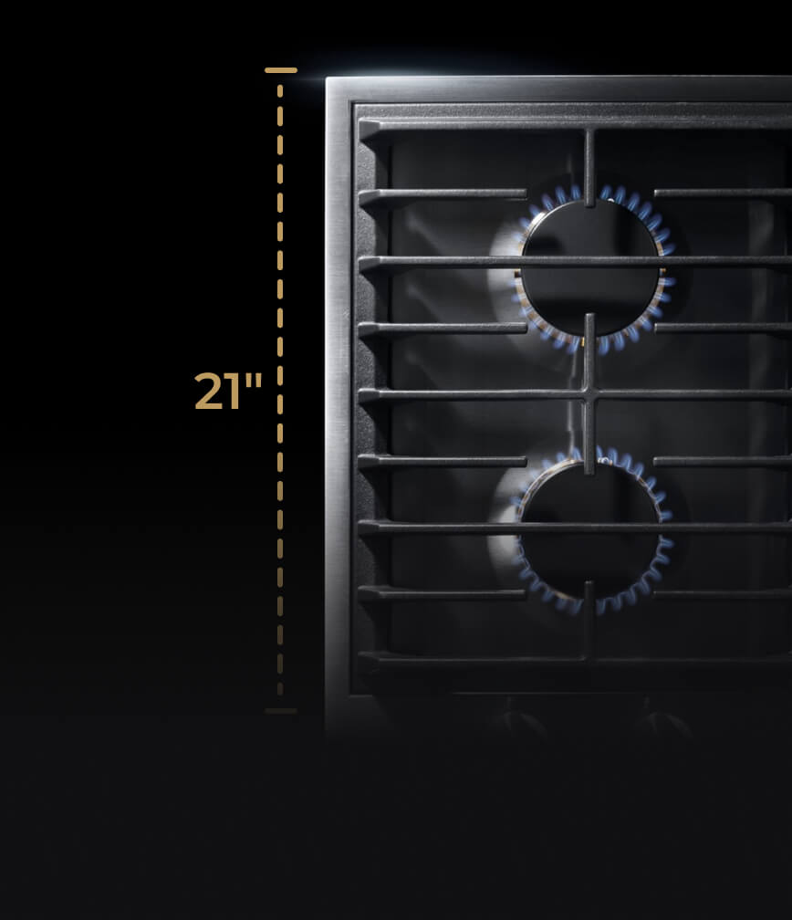 A two-burner gas cooktop with a graphic showing its 21-inch depth.