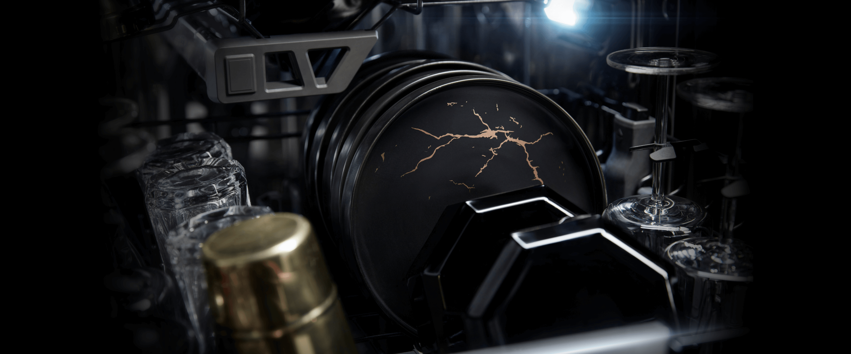 Marbled dishes inside a JennAir® dishwasher.