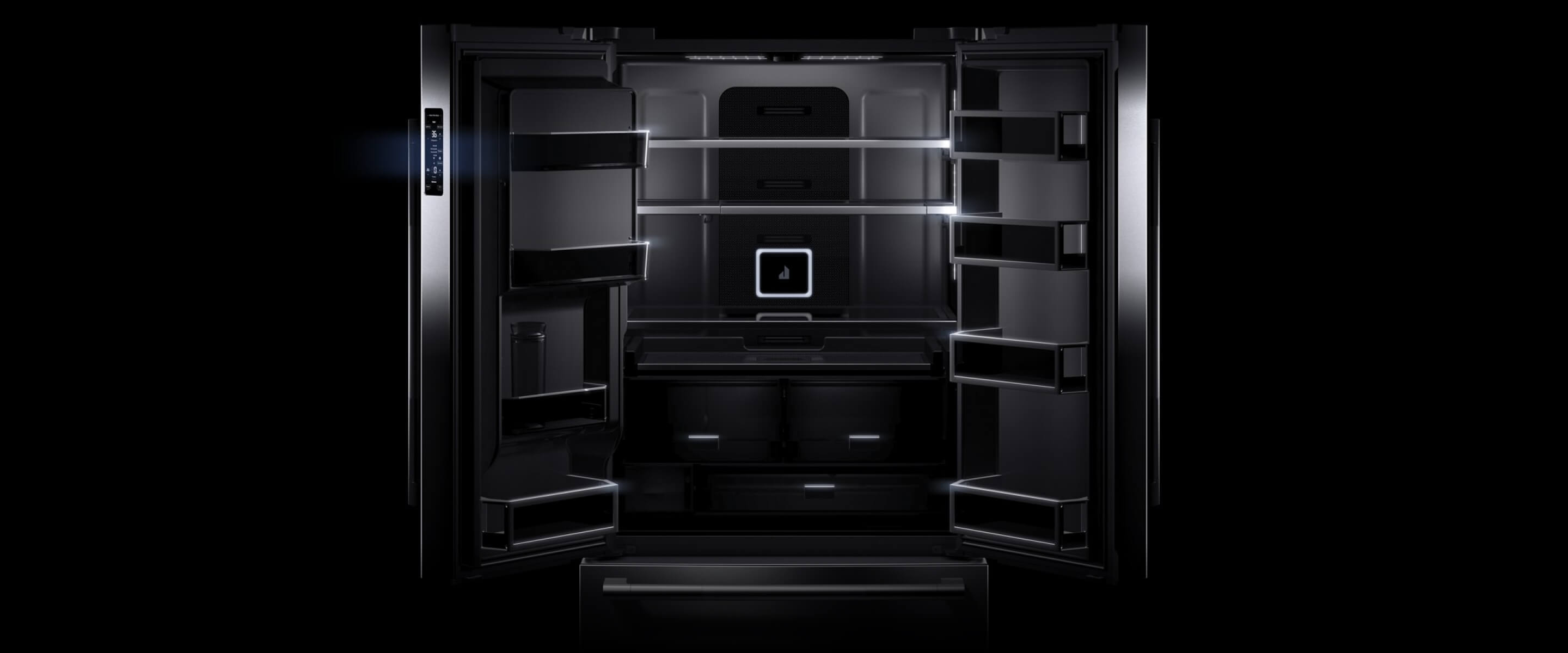 An open JennAir® French Door Refigerator with Obsidian Interior