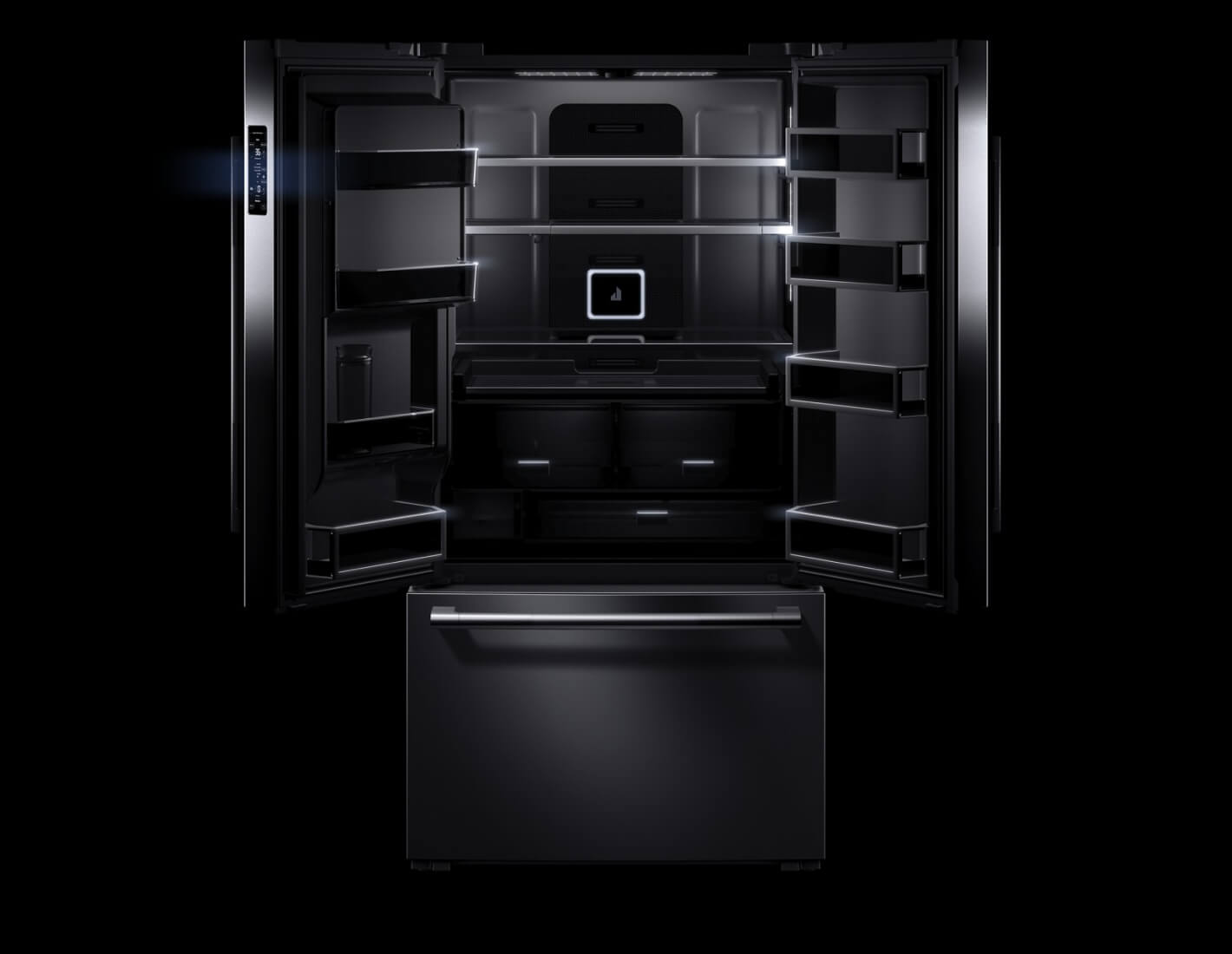 The chrome-infused griddle on a NOIR™ Design gas rangetop.