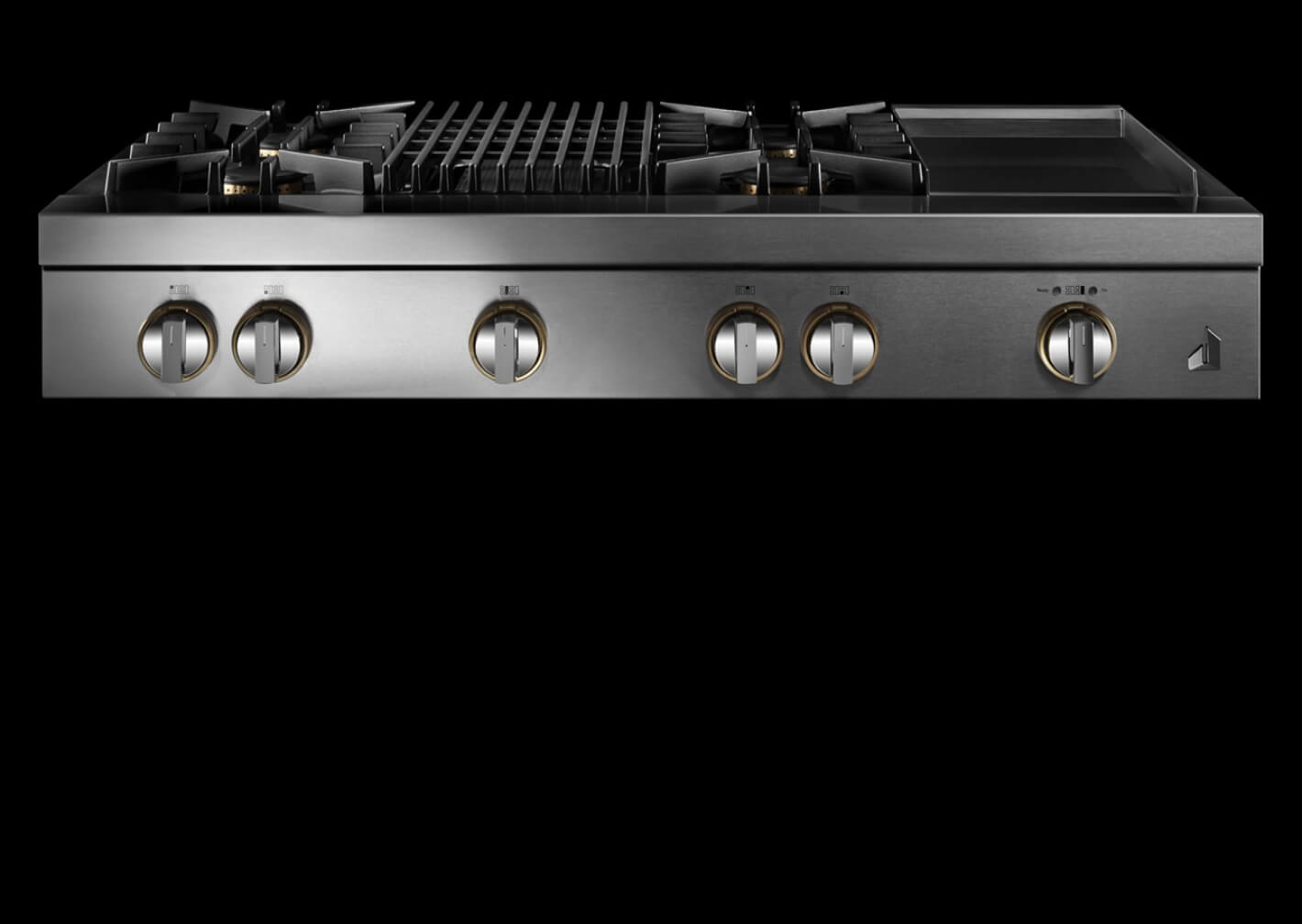 A RISE™ Design gas rangetop with a grill and griddle.
