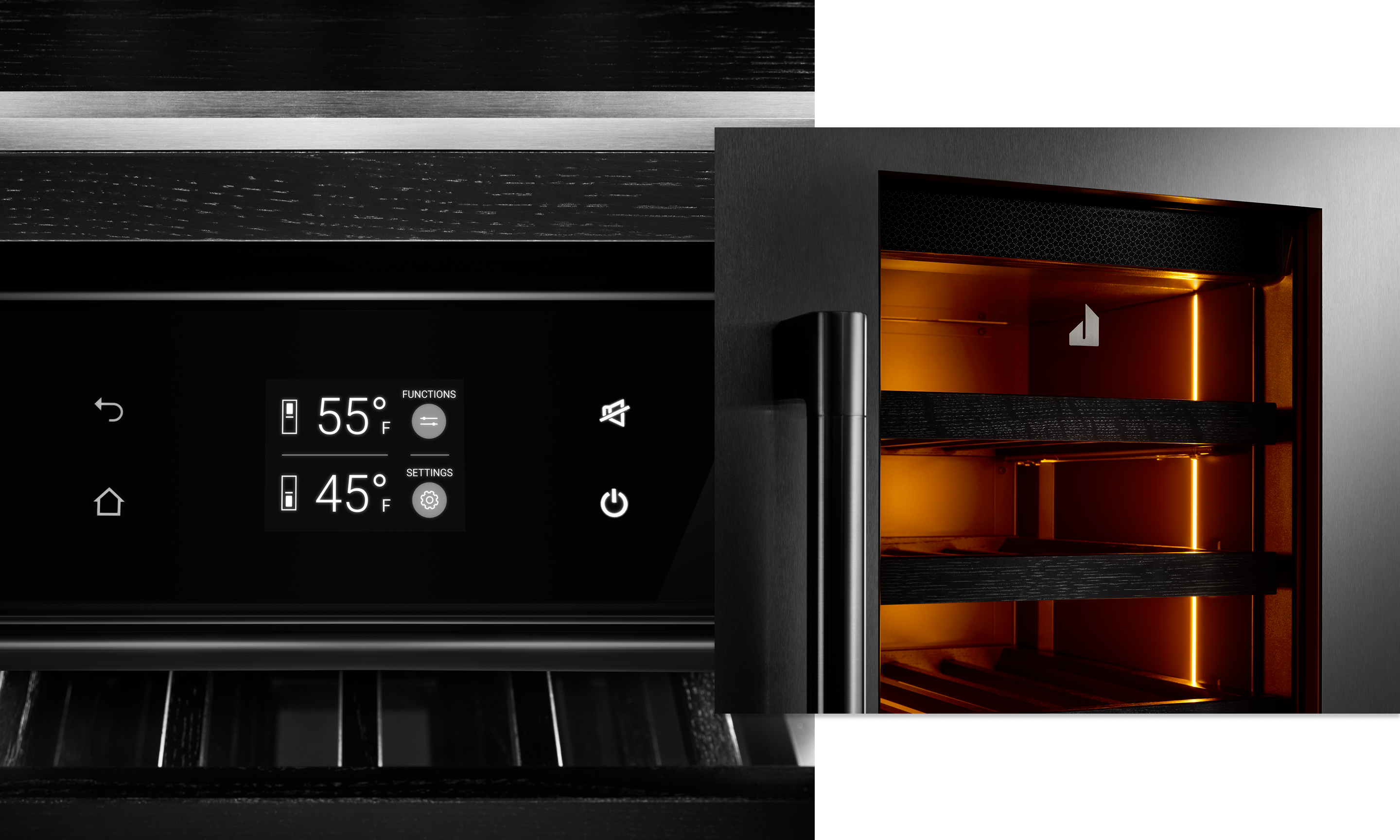 Les commandes de la colonne-cellier réfrigérée, affichant les fonctions et les réglages de température.