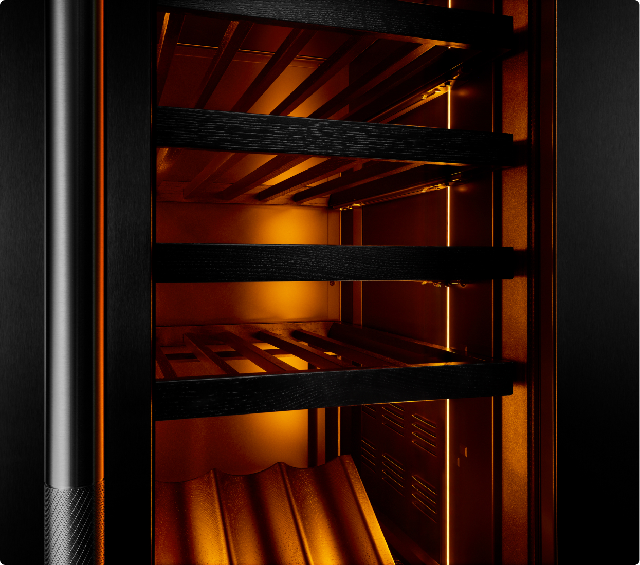 The interior of an empty JennAir® Wine Column, showing the Ambra Lighting. The interior of an empty JennAir® Wine Column, showing the Ambra Lighting.