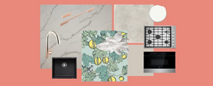 On a peach-coloured background are several images: A JennAir Cooktop, a JennAir Range, wallpaper with lemons on a tree, and various marble.