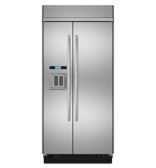 A 42-inch Built-In Side-By-Side Refrigerator with external water dispenser.