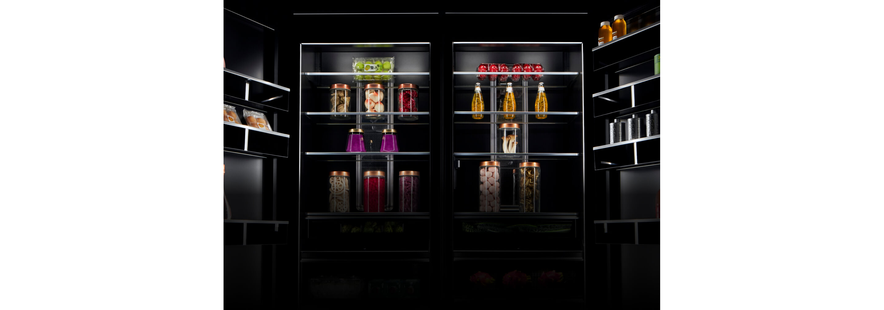 An open pair of columns stocked with colorful foods and ingredients.