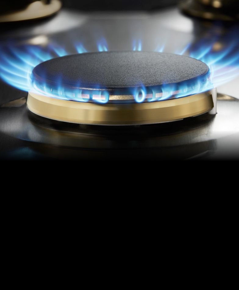 A lit dual-stacked JennAir® burner.
