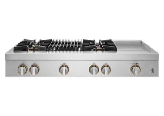 A 48" RISE™ Design Gas Rangetop with a grill and griddle.