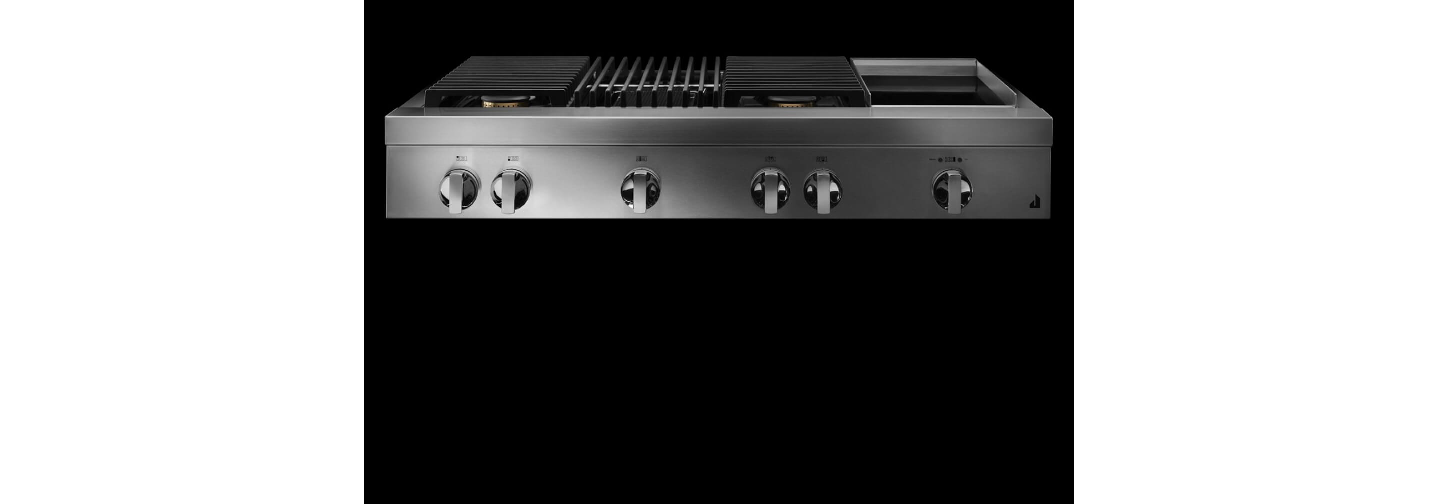 A NOIR™ Design gas rangetop with a grill and griddle.