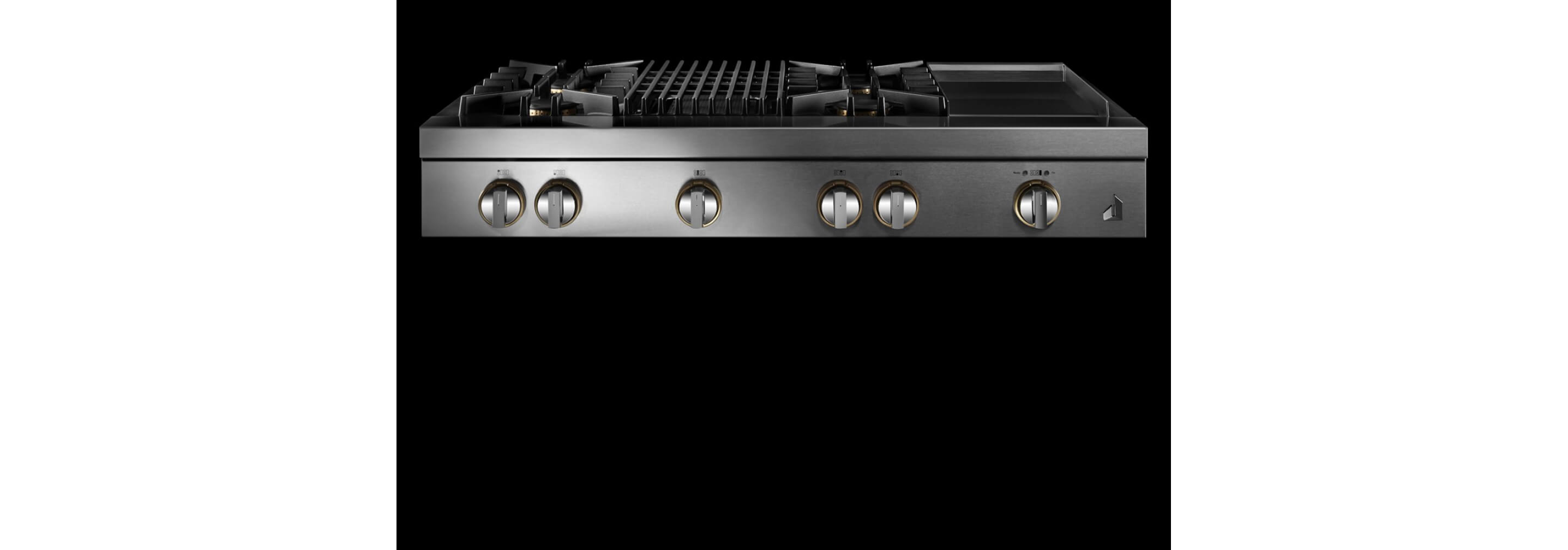 A RISE™ Design gas rangetop with a grill and griddle.