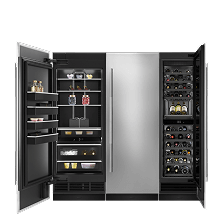 A set of three columns, an open refrigerator, closed freezer, and open wine column from JennAir.