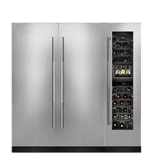 A set of three columns, a refrigerator, freezer, and wine column from JennAir.