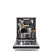 An open dishwasher from JennAir.