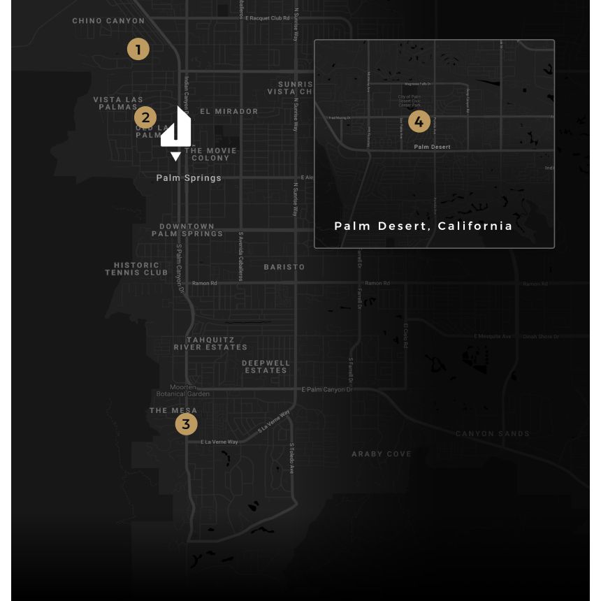 A map of Palm Springs, California with numbers indicating the locations of events.