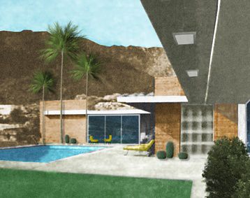 A watercolor sketch of the Gillman Residence.