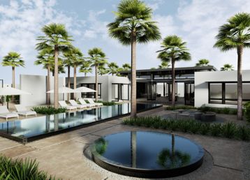 A watercolor sketch of the Mesa Modern.