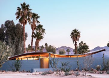 A watercolor sketch of the Miles Bates "Wave" House.