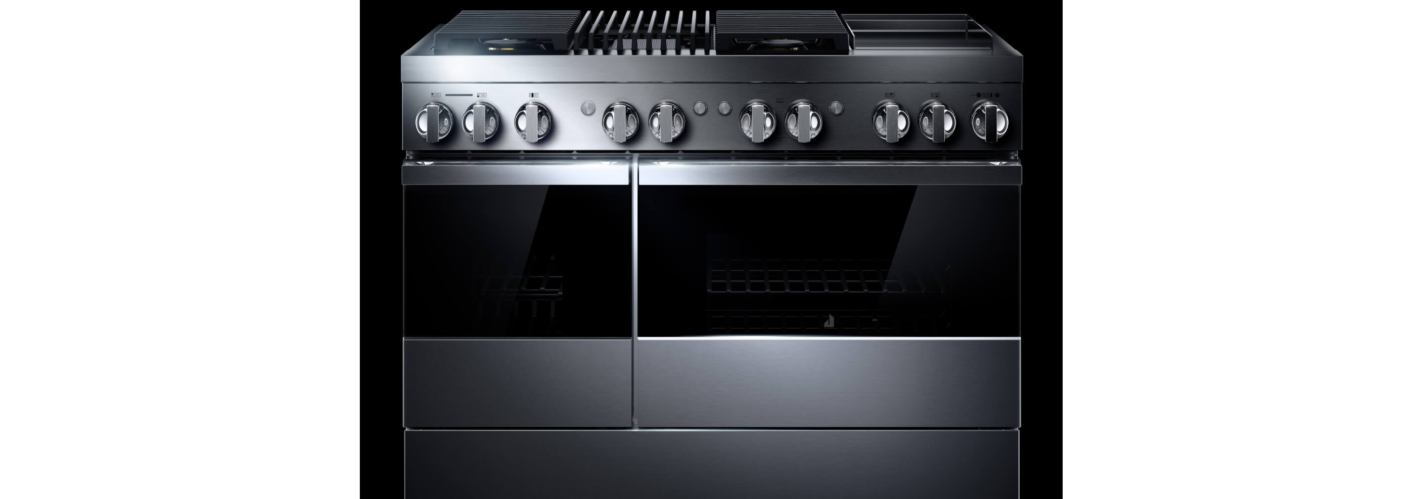 A 48" NOIR Professional-Style Range with a Chrome-Infused Griddle.