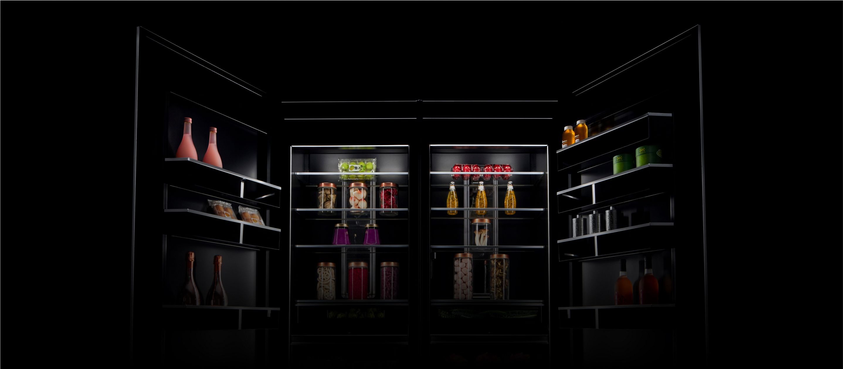 An open pair of JennAir[®] Columns, stocked with vibrantly colored items.