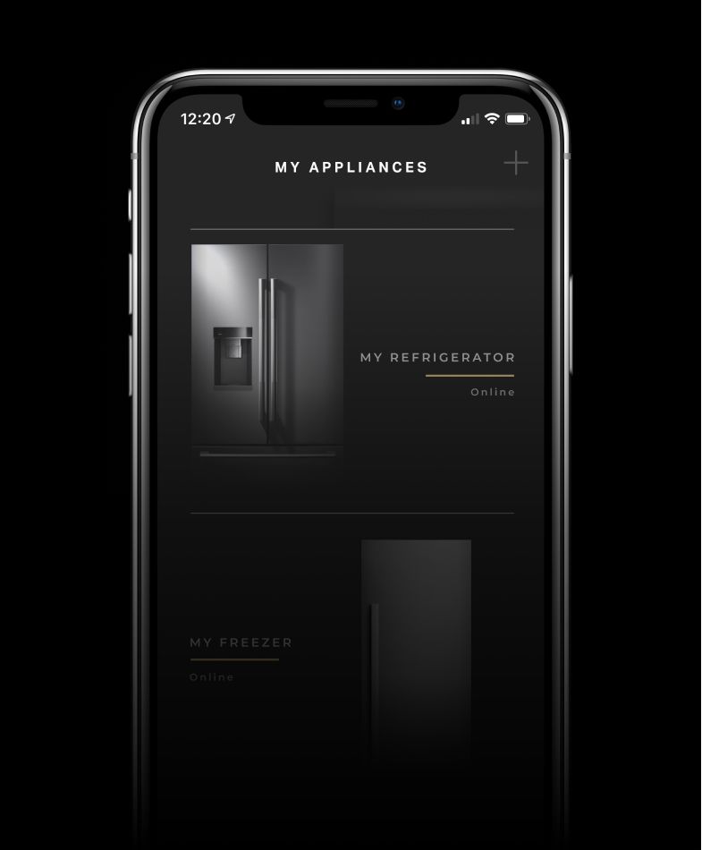 A JennAir[®] freestanding refrigerator shown on the app.
